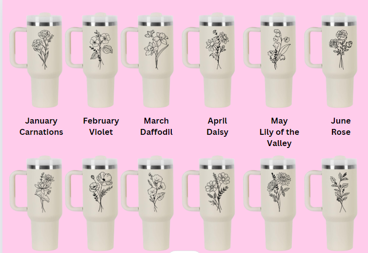 Birth Flower / Name Personalized Custom 40 oz Tumbler with Handle