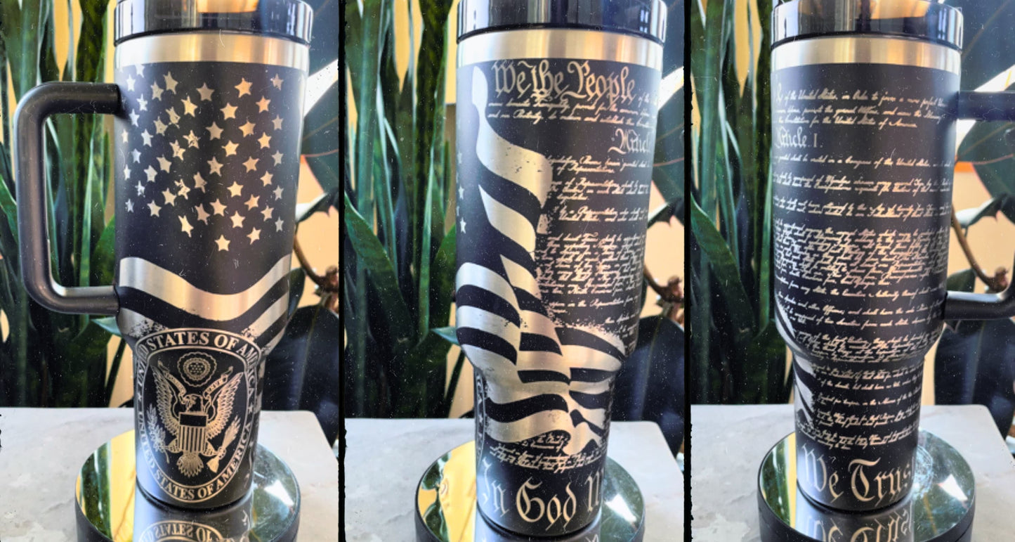 We The People/In God We Trust Flag 40oz Tumbler with handle, Stanley Dupe cup, Laser Engraved, Patriotic, America, USA, Constitution