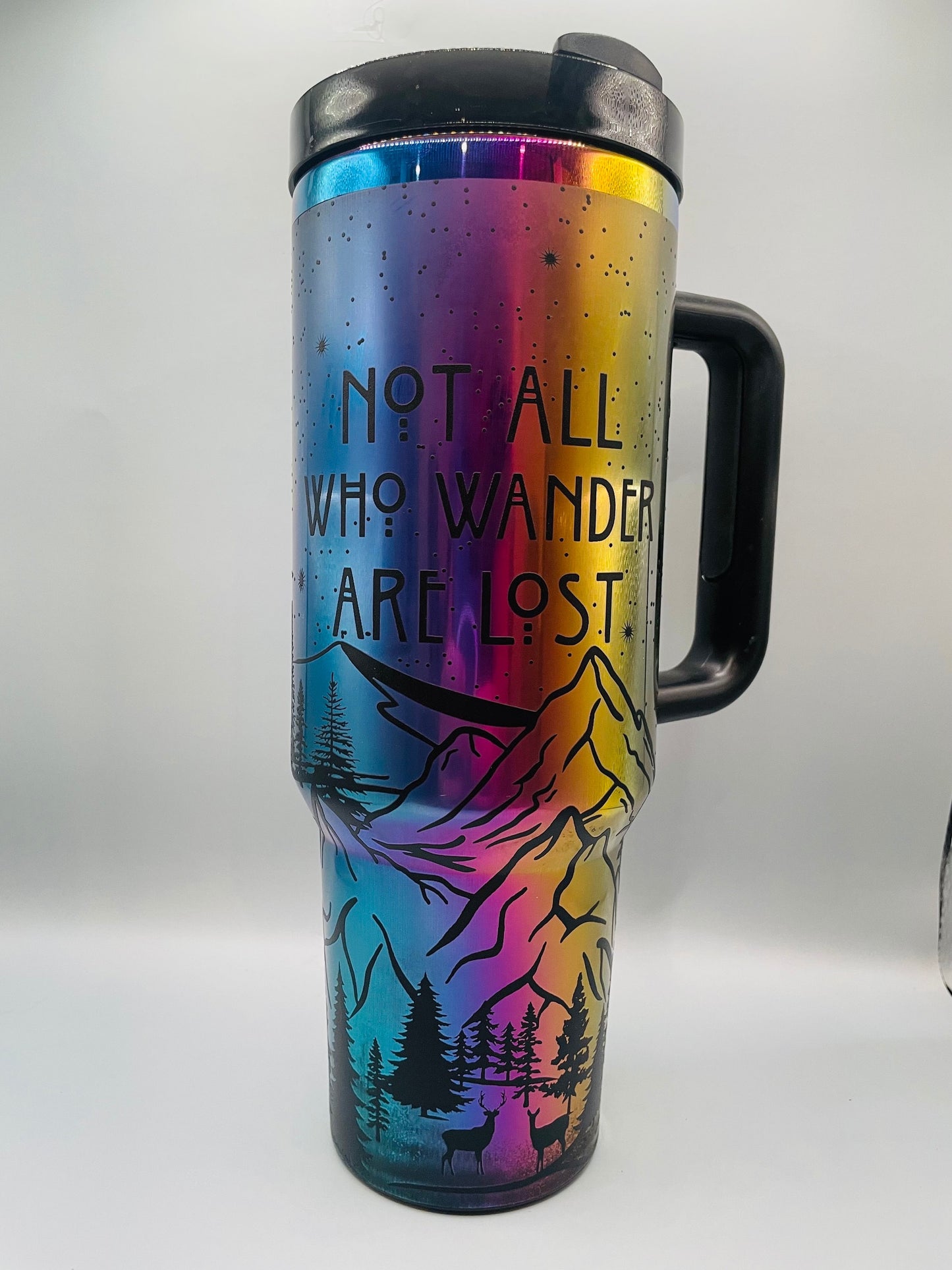 Not All Who Wander Are Lost Laser Engraved Tumbler REVERSED 40oz Black Rainbow with handle Other Colors Available, or choose own design,
