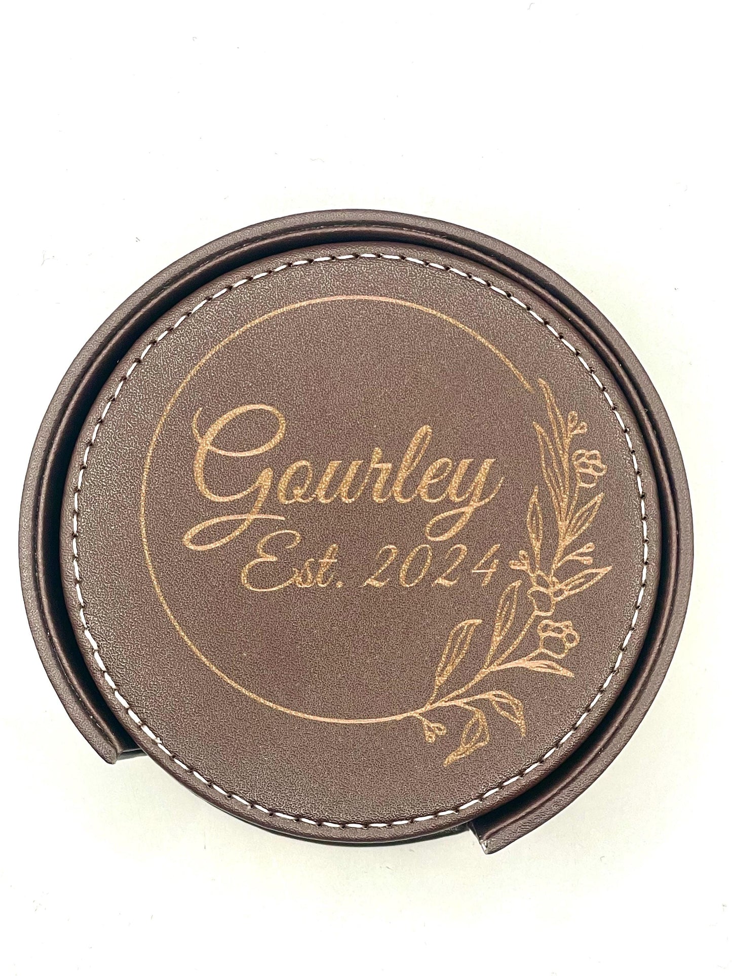 Custom Engraved leather Coaster Set with holder, 6 coasters total, Personalized Gift for Housewarming, Anniversary, Wedding, Engagement