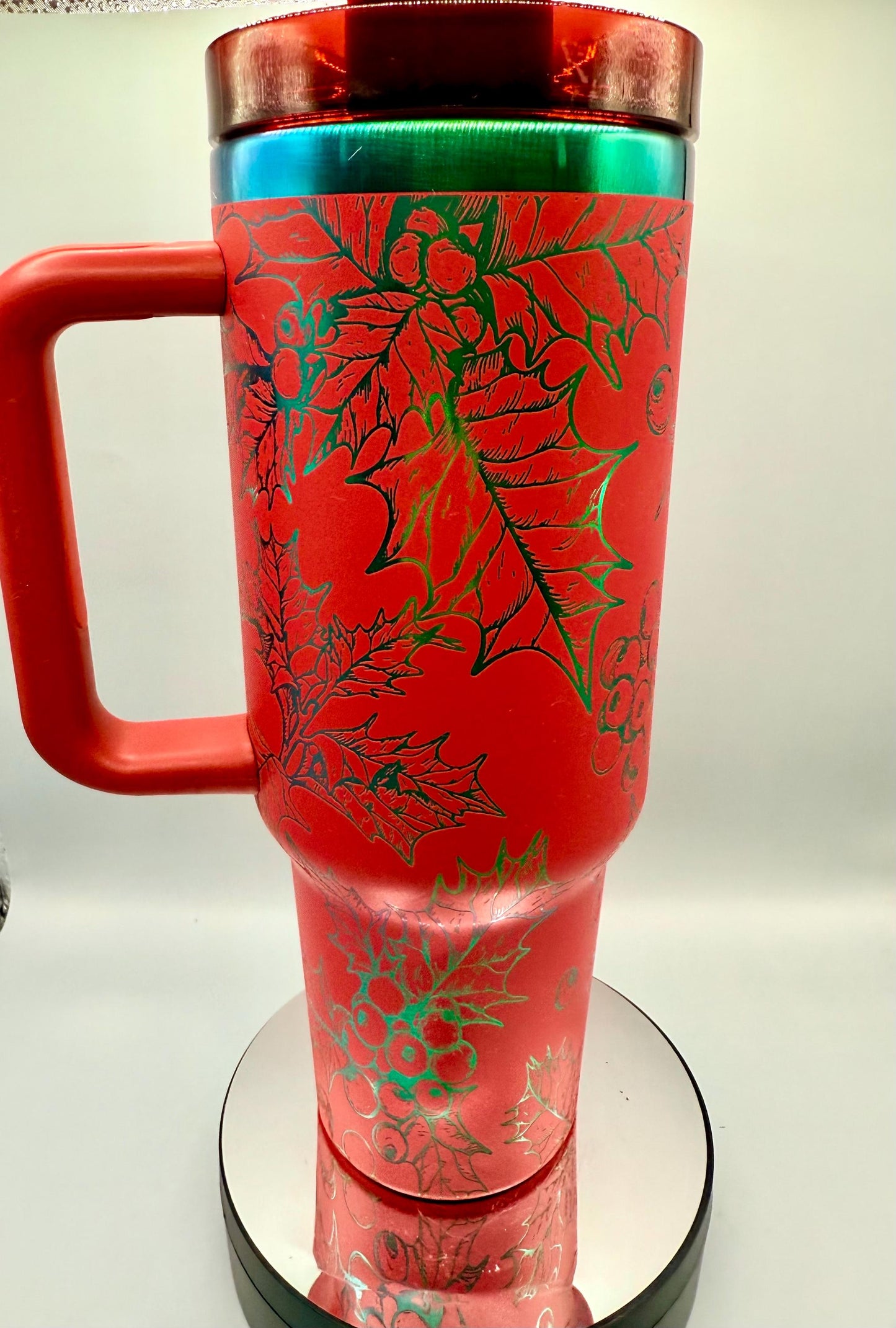 Christmas Holly Mistletoe Full Wrap 40oz Tumbler White GreenBlack Steel, Green Gold, red gold, red green plating, christmas gift, holiday