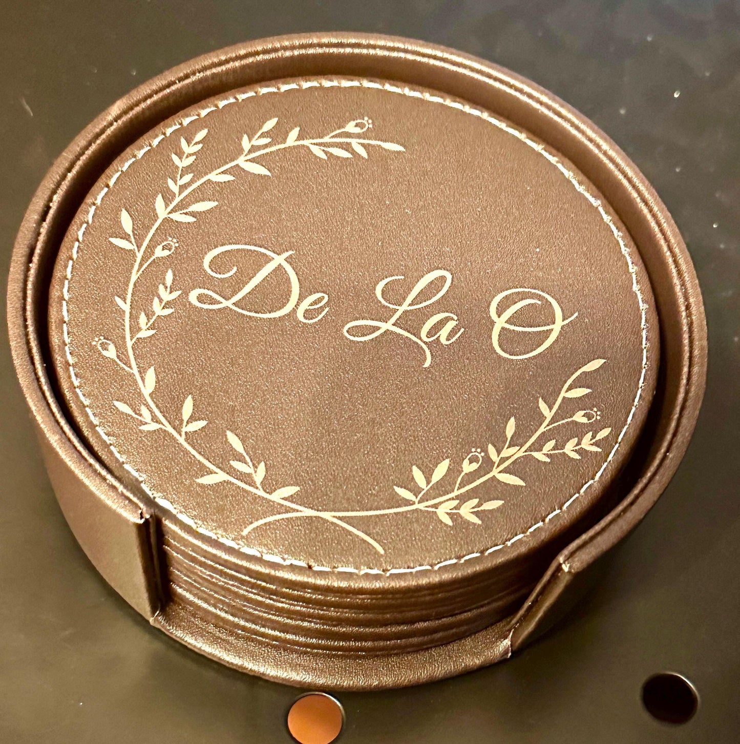 Custom Engraved leather Coaster Set with holder, 6 coasters total, Personalized Gift for Housewarming, Anniversary, Wedding, Engagement