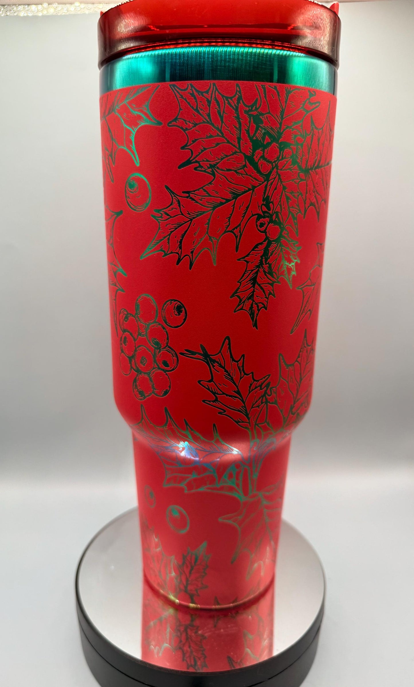 Christmas Holly Mistletoe Full Wrap 40oz Tumbler White GreenBlack Steel, Green Gold, red gold, red green plating, christmas gift, holiday