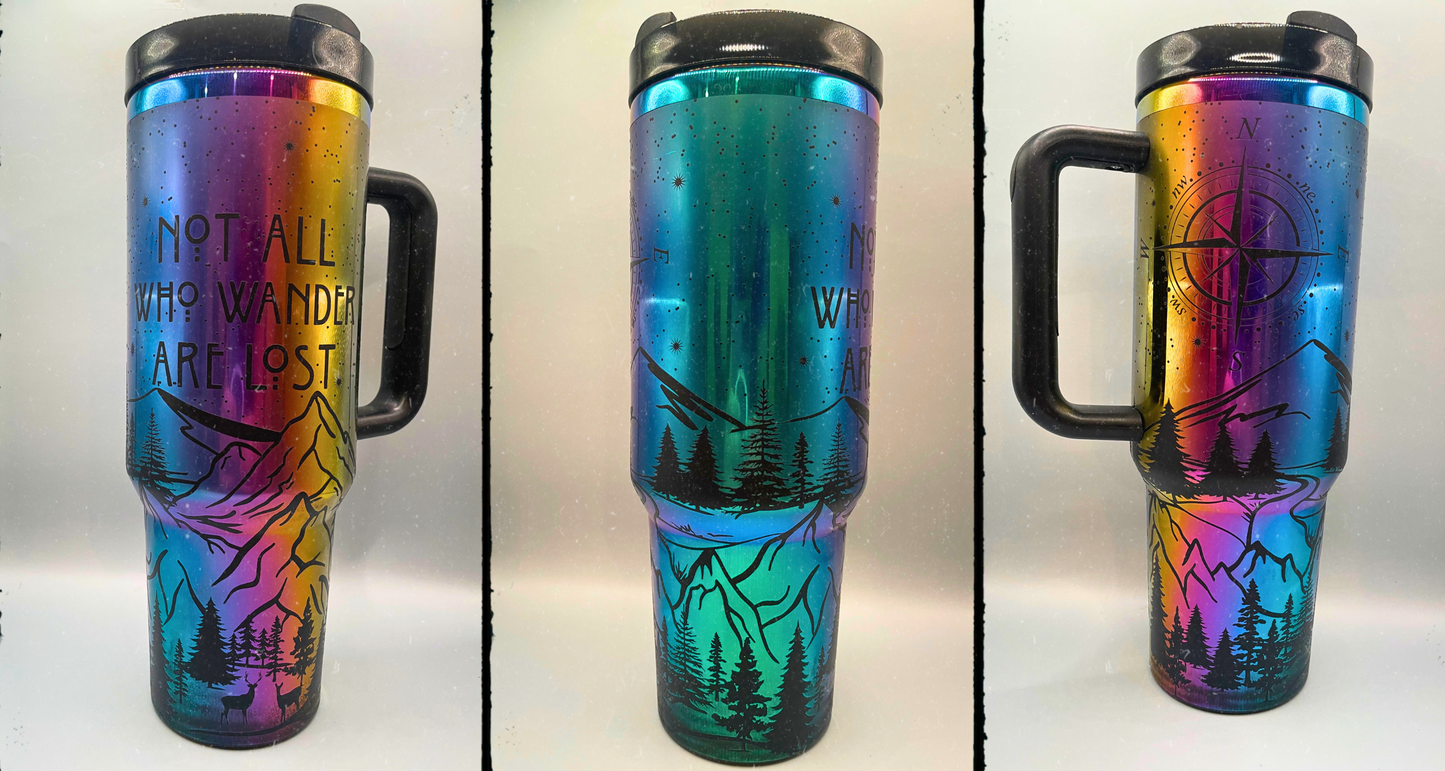 Not All Who Wander Are Lost Laser Engraved Tumbler 40oz Black Rainbow with handle Other Colors Available, or choose own design, custom