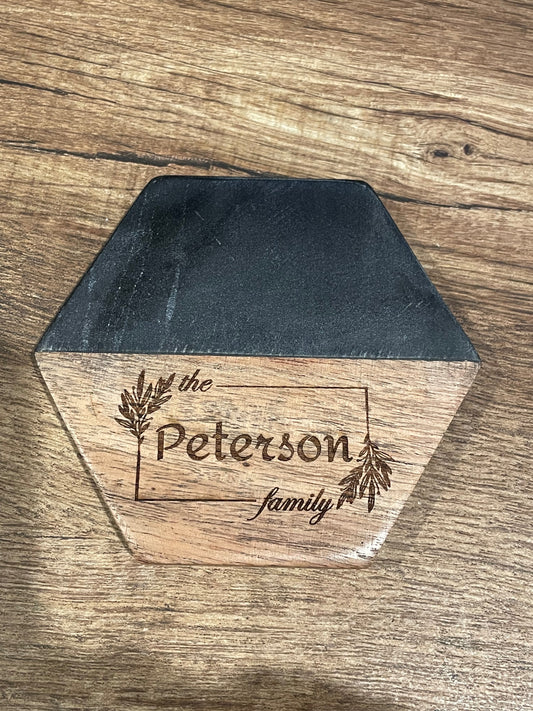 Faux Black Marble / Wooden Acacia Coasters Personalized (2 or 4 pack)