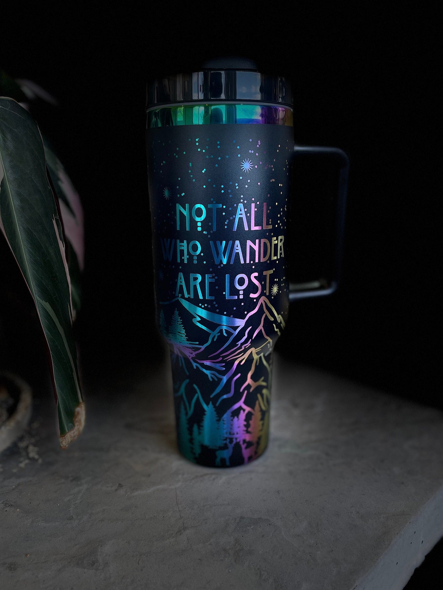 Not All Who Wander Are Lost Laser Engraved Tumbler 40oz Black Rainbow with handle Other Colors Available, or choose own design, custom