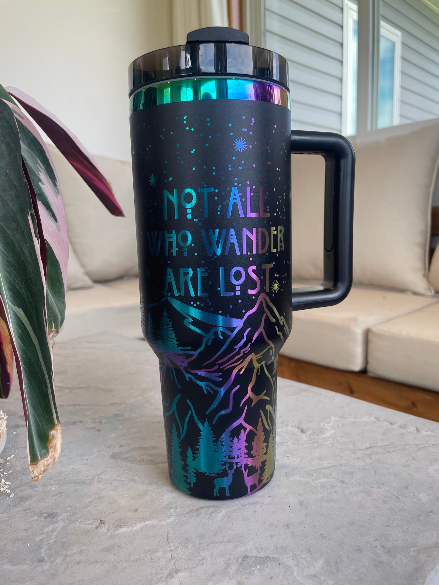 Not All Who Wander Are Lost Laser Engraved Tumbler 40oz Black Rainbow with handle Other Colors Available, or choose own design, custom