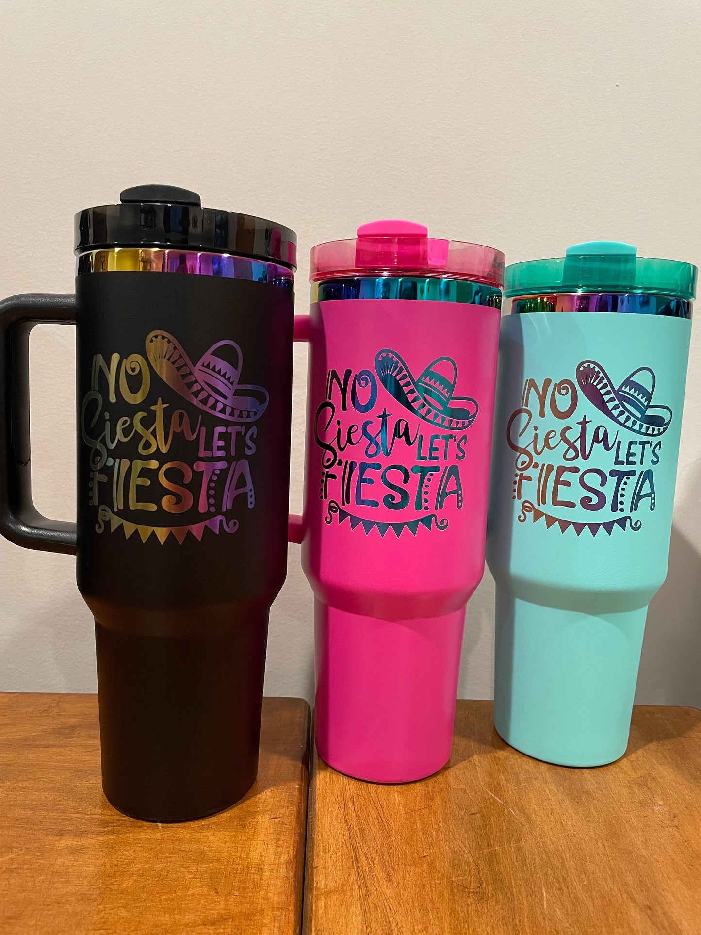 No Siesta Let’s Fiesta Laser Engraved Tumbler 40oz Many Colors with handle and Straw, vacation, Mexico, bachelorette, girls trip, beaches