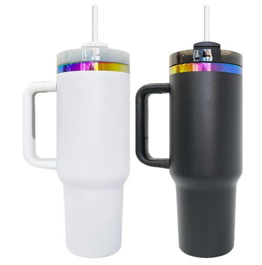 White and Black 40oz Tumbler with handle and straw